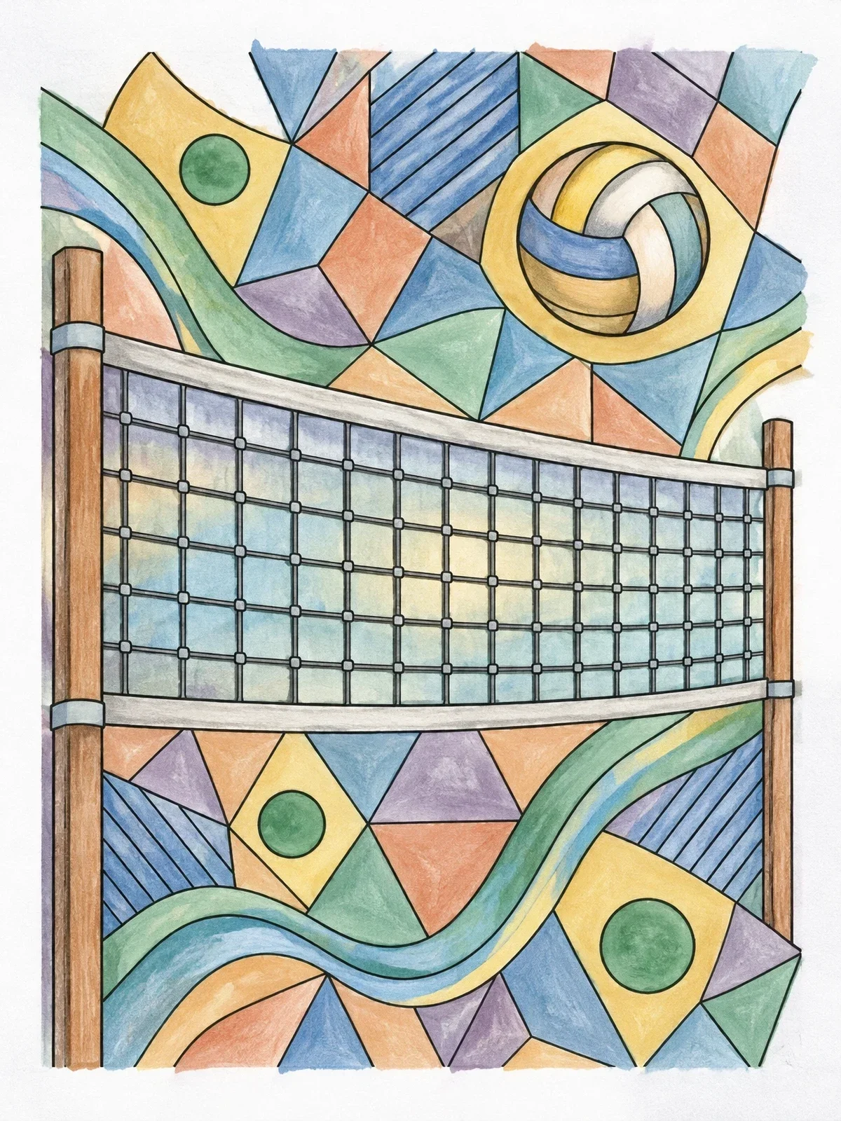 Colored example of the Geometric Volleyball Net And Ball coloring page