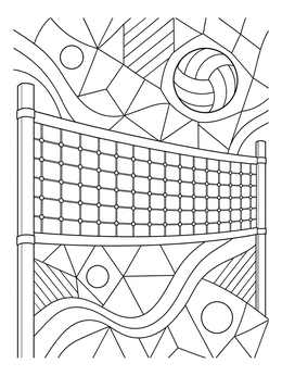 A detailed volleyball coloring page featuring a net and ball against an intricate geometric mosaic background.
