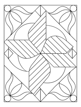 A geometric windmill quilt coloring page featuring diagonal stripes and floral corner accents.