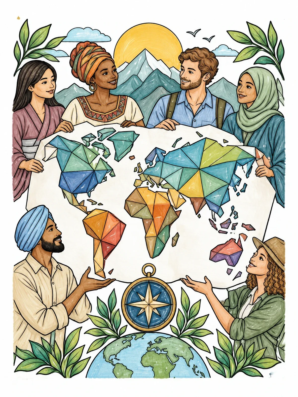 Colored example of the Geometric World Map With Diverse People coloring page
