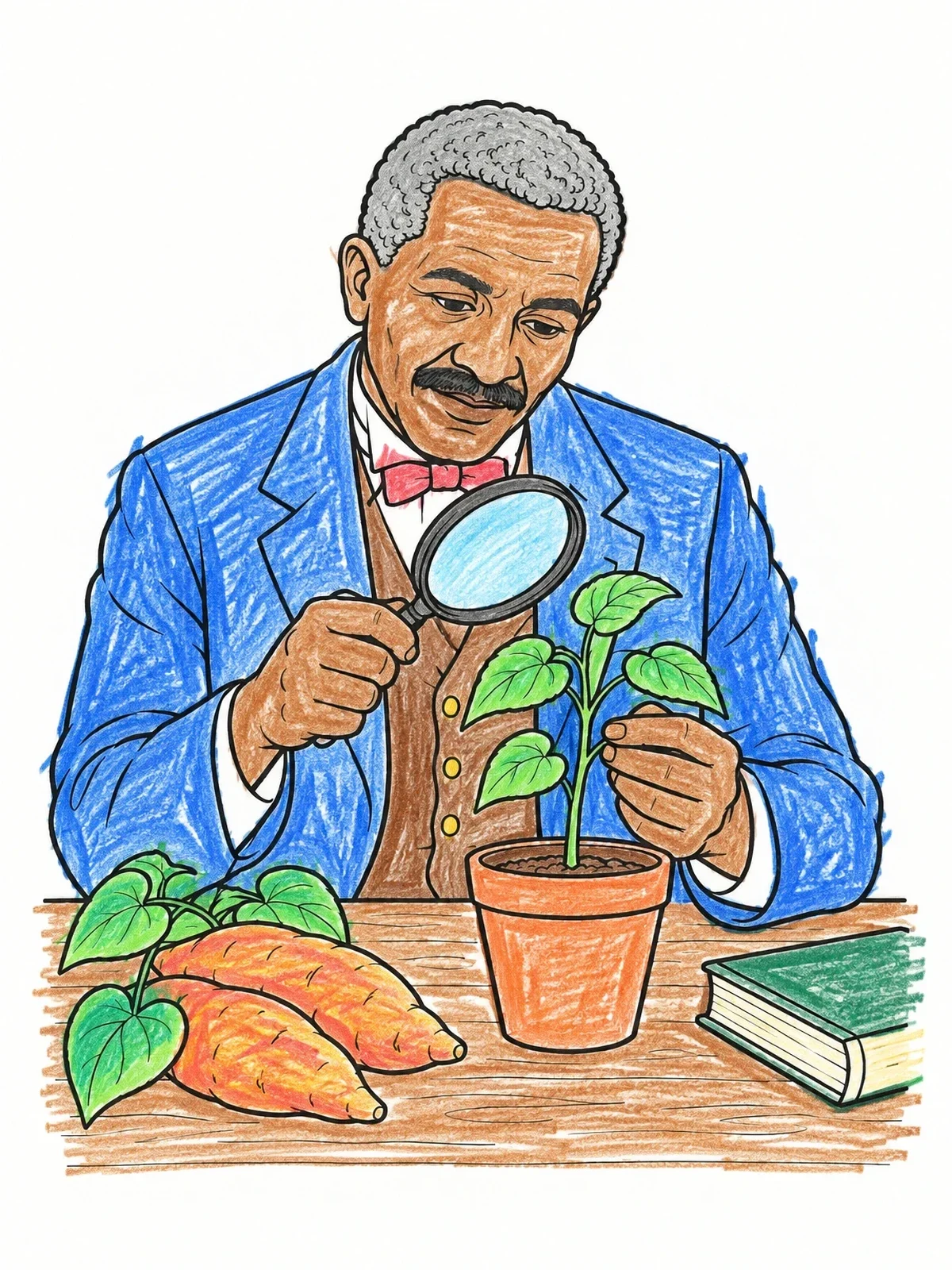 Colored example of the George Washington Carver Examining Plant coloring page