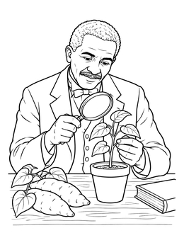 Free printable George Washington Carver Examining Plant coloring page