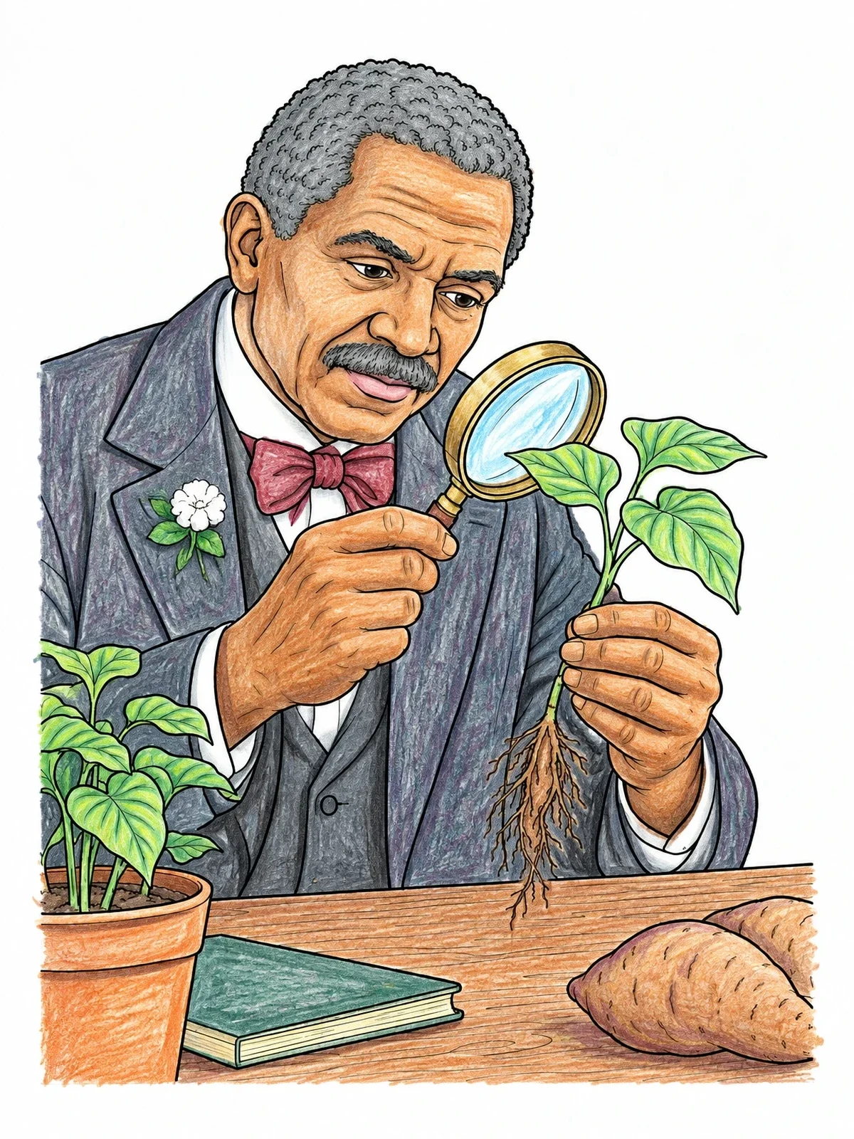 Colored example of the George Washington Carver Examining Plants coloring page