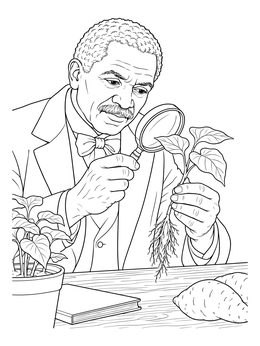 Free printable George Washington Carver Examining Plants coloring page