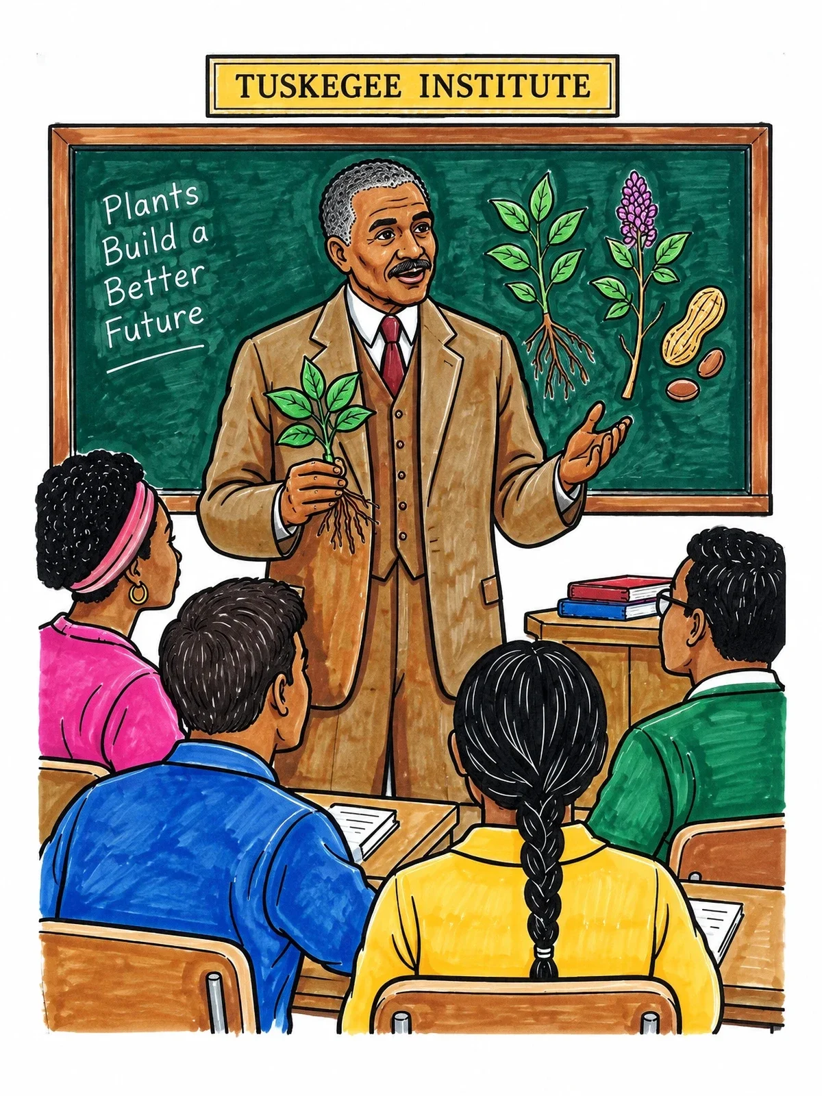 Colored example of the George Washington Carver Teaching Botany coloring page
