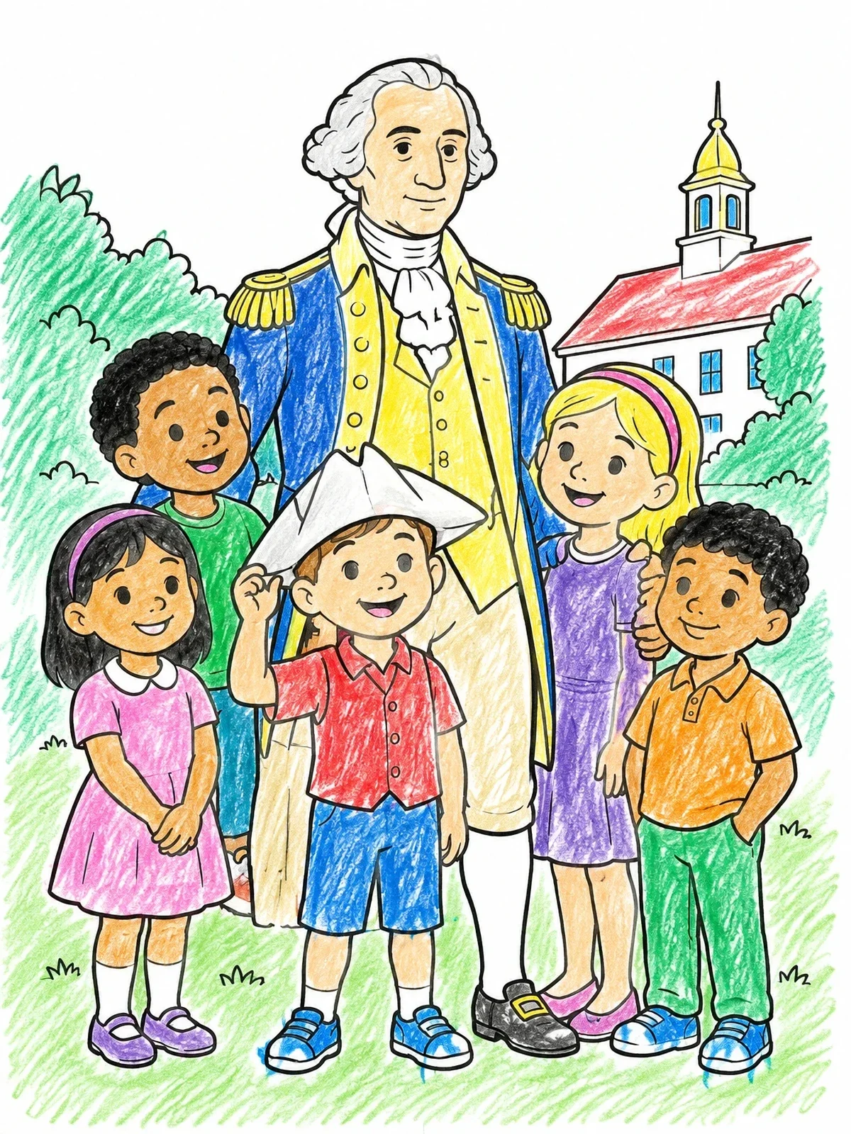 Colored example of the George Washington And Smiling Schoolchildren coloring page