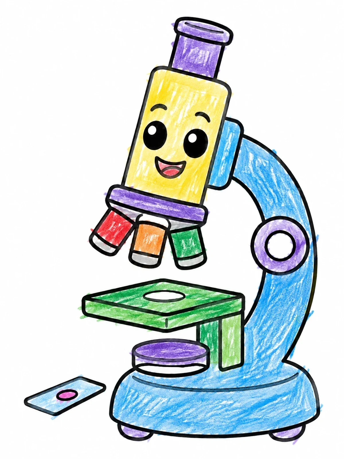 Colored example of the Cute Cartoon Microscope With Slide coloring page