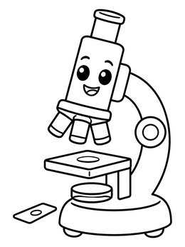 A friendly cartoon microscope on a germ coloring page ready for science fun.