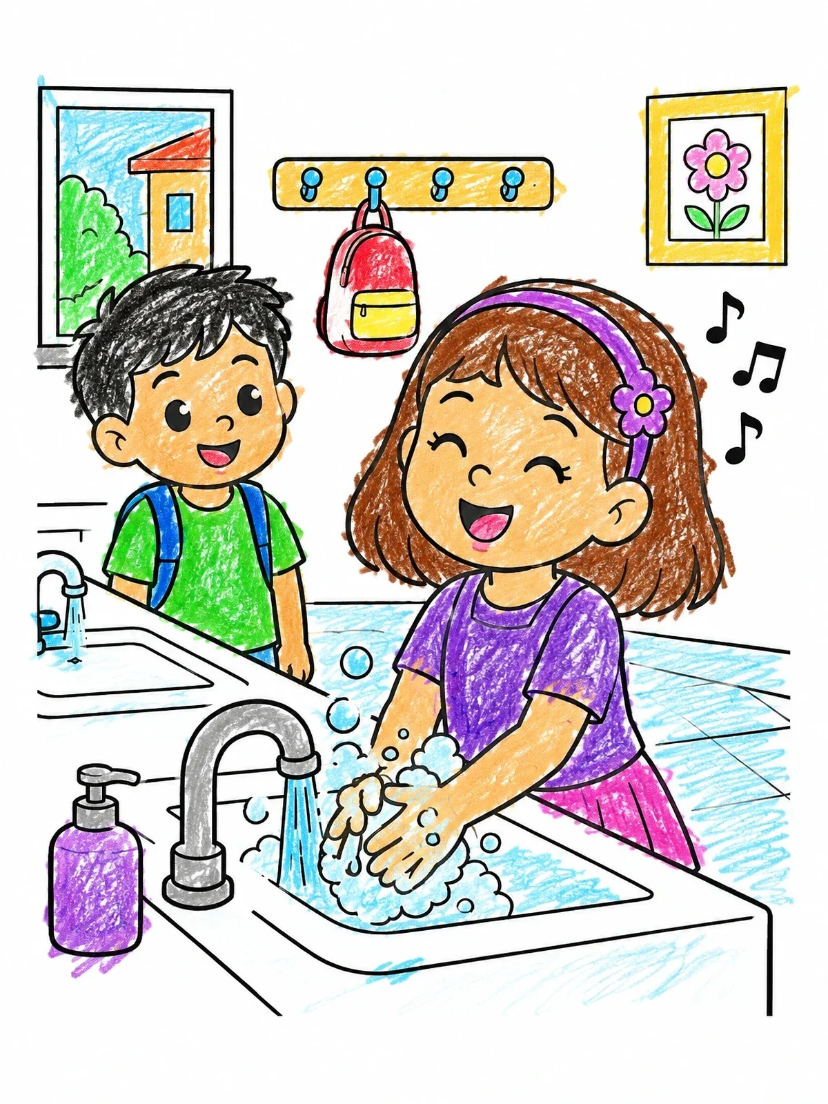 Colored example of the Singing Girl Washing Hands At Sink coloring page