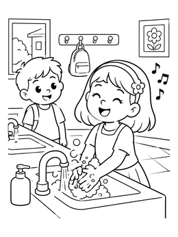 A cheerful girl washing hands with soap bubbles in this germ coloring page.