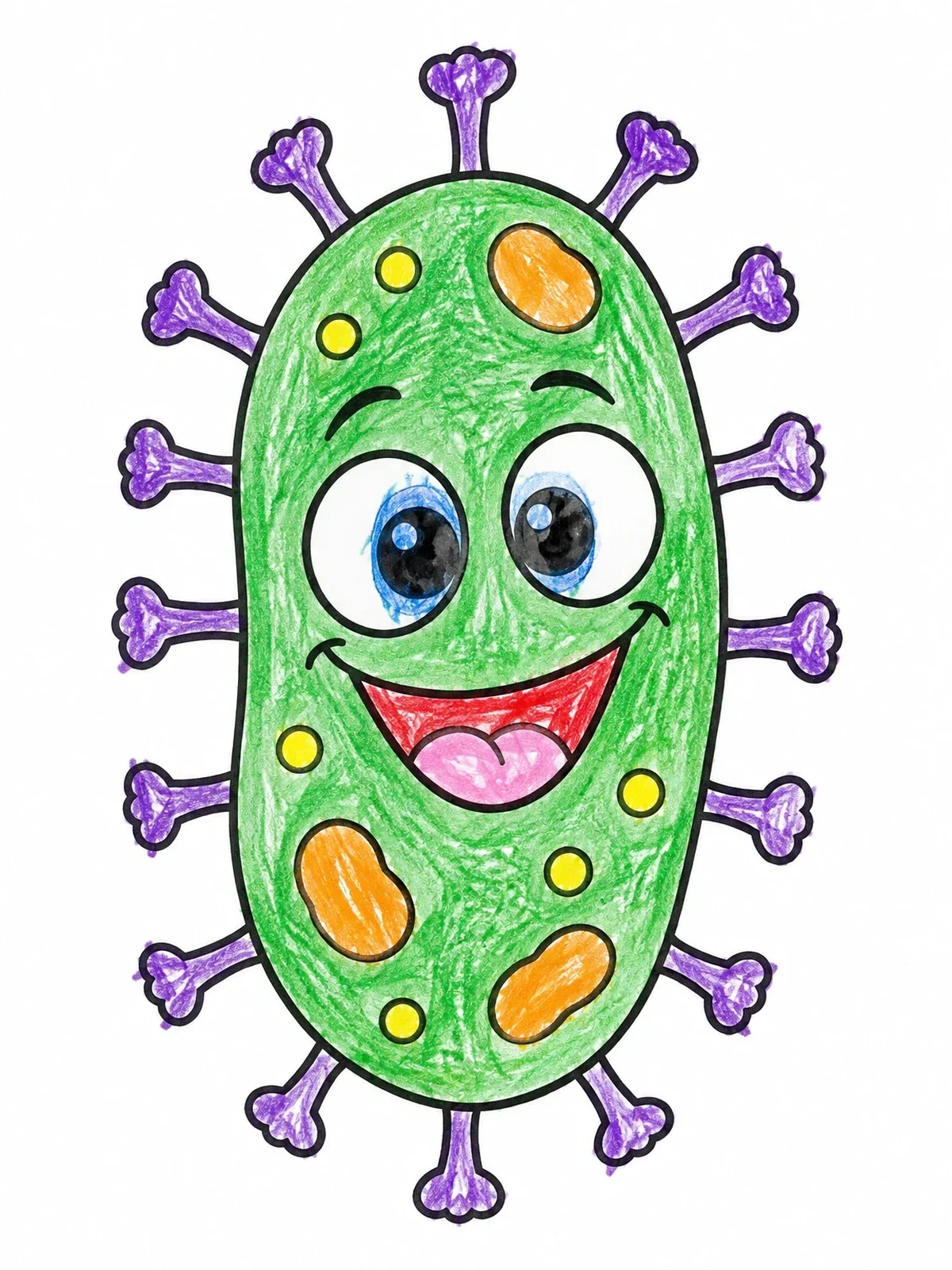Colored example of the Happy Cartoon Microbe Character coloring page