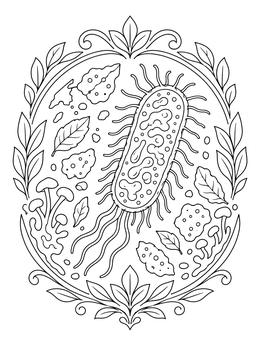 A detailed soil germ coloring page framed by ornate leaves and fungi.