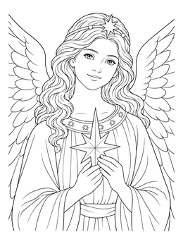 Gentle Christkind holding a bright star in this german christmas coloring page.