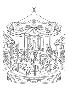German christmas coloring page featuring happy children riding a carousel at a festive holiday market.