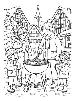Free printable Family Grilling In Winter Village coloring page