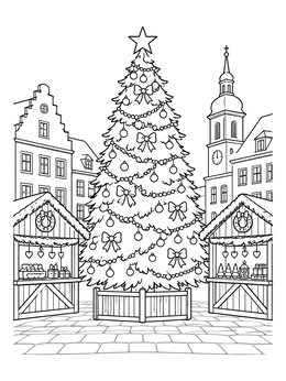 A festive german christmas coloring page showing a town square tree beside traditional market stalls.