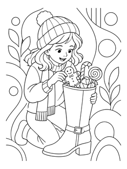 A happy girl pulls treats from a boot in this german christmas coloring page.