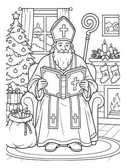 Saint Nicholas sits by a fireplace in this german christmas coloring page.