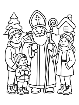 Free printable Saint Nicholas Visiting Cheerful Children coloring page