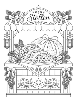 Festive bakery stall with sliced bread in a german christmas coloring page.