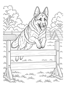 An active german shepherd coloring page showing the dog jumping over an agility hurdle.