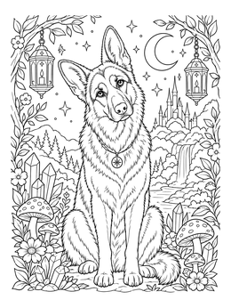 An attentive german shepherd coloring page set against a fantasy castle backdrop.