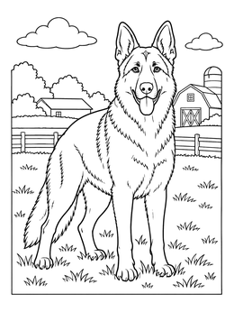 A smiling dog outdoors in this detailed german shepherd coloring page with a farm background.