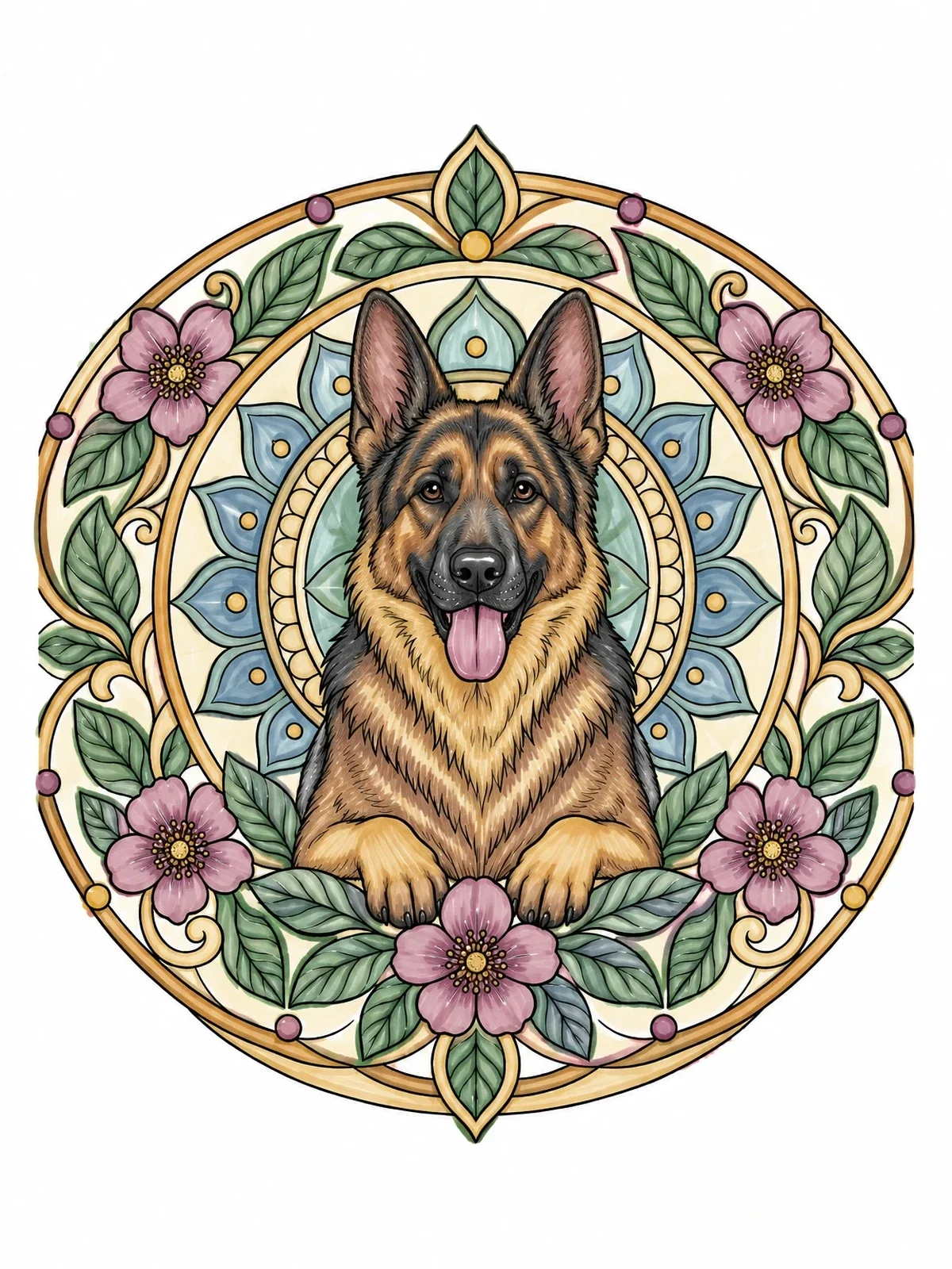 Colored example of the German Shepherd Floral Mandala Portrait coloring page