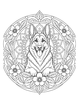 A detailed German shepherd coloring page framed by ornate mandala patterns and flowers.