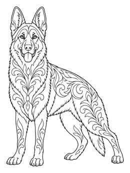 A proud dog stands in this detailed german shepherd coloring page with intricate patterns.