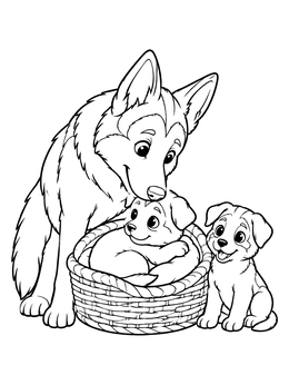 A sweet german shepherd coloring page showing a mother dog watching over her two puppies.