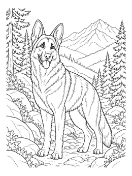A realistic German Shepherd coloring page showing the dog standing on a mountain trail with pine trees.