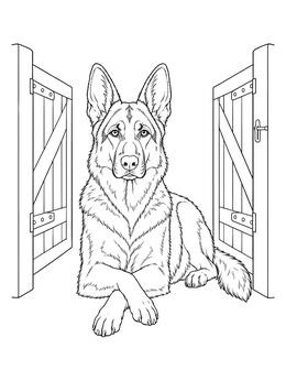 An alert dog sits in this detailed german shepherd coloring page between wooden gates.