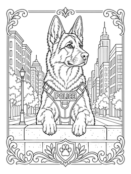 Detailed police dog coloring page showing a German Shepherd resting its paws on a ledge overlooking a city street.