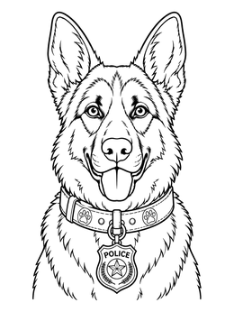A detailed police dog coloring page featuring an alert German Shepherd wearing a badge collar.