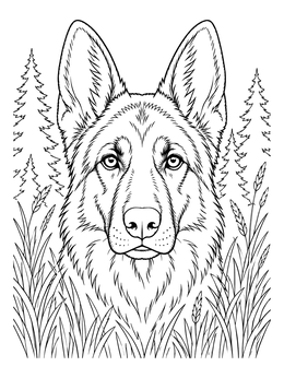 Detailed german shepherd coloring page portrait surrounded by tall grass and pine trees.