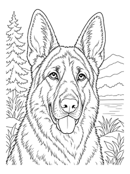 Alert dog portrait featured on this detailed german shepherd coloring page.