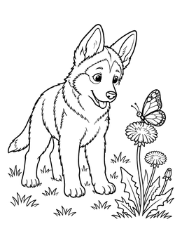 A playful puppy in a german shepherd coloring page looking at a butterfly on a dandelion.