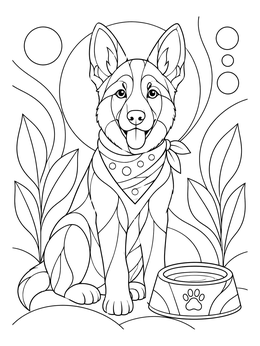 A cheerful puppy sits in this German Shepherd coloring page beside a water bowl.