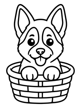 A cute german shepherd coloring page showing a happy puppy sitting inside a woven basket.