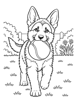 A playful german shepherd coloring page showing a pup holding a tennis ball.