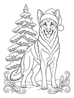 A festive German shepherd stands proudly by a pine tree in this santa hats coloring page.