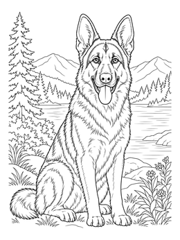 A realistic german shepherd coloring page showing a dog sitting proudly by a serene mountain lake.