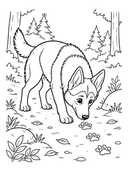 Free printable German Shepherd Sniffing Forest Tracks coloring page