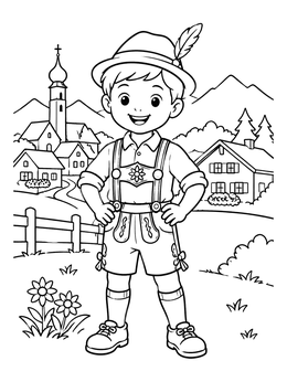Free printable Bavarian Boy In Alpine Village coloring page