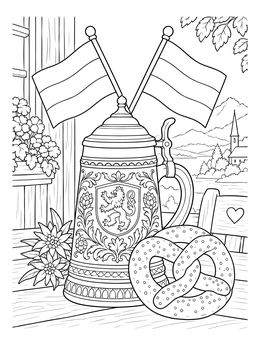 A detailed germany coloring page featuring an ornate beer stein, pretzel, and flags with an alpine view.