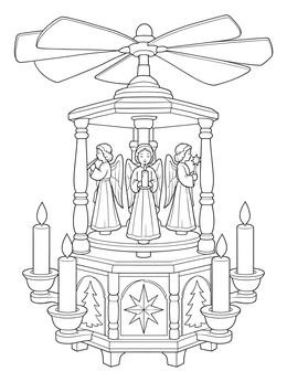 A traditional wooden carousel on this germany coloring page featuring carved angels and candles.