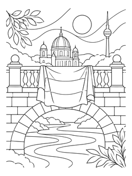 A germany coloring page showing a tricolor flag draped on an arched stone bridge before a historic skyline.
