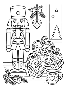 Free printable German Nutcracker And Gingerbread Hearts coloring page