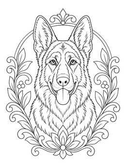 A detailed German Shepherd framed by leaves in this germany coloring page.